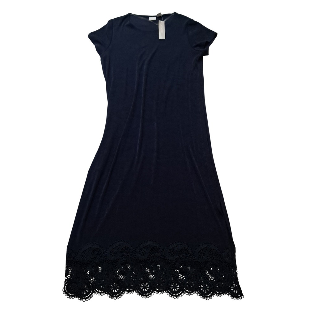 NWT Chico's Dress Womens 2 Large Navy Blue Midi Travelers Lace Hem Column